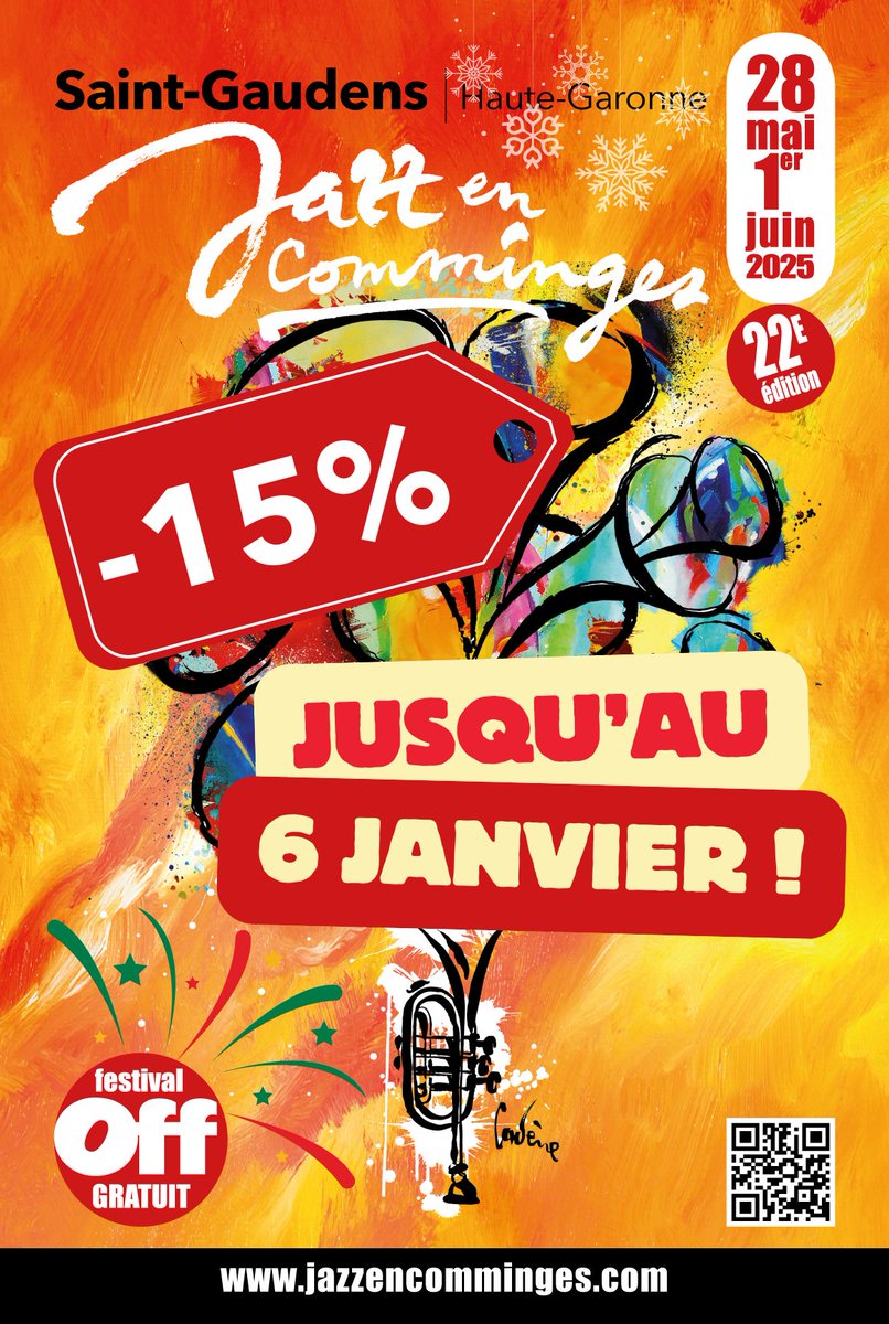 Ouverture de la billetterie pour la 22e édition de Jazz en Comminges.
Profitez de -15% de réduction sur vos places jusqu'au 6 janvier !
jazzencomminges.com/billetterie/