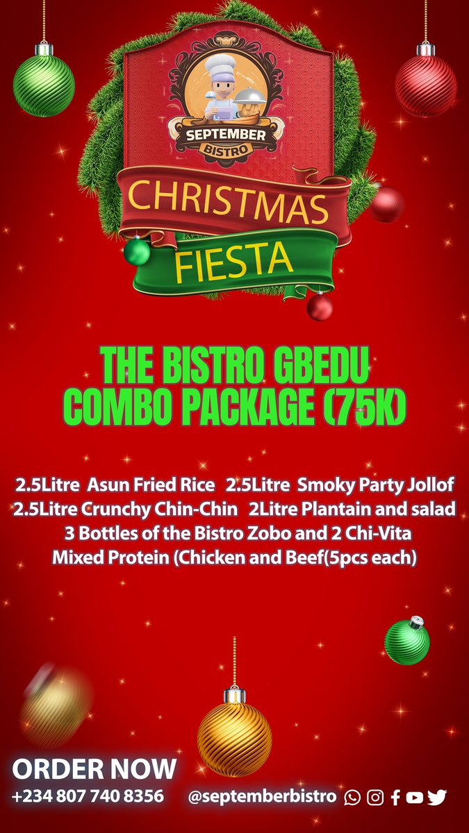 victoryben221's tweet photo. Hi X fam,I bring you jolly good packages for our Christmas fiesta starting on the 5th to 16th of December. Pls if  there is one thing you all can do for me is to patronize🙏🏻 &amp; if this pops on your timeline pls repost. #AbujaTwitterCommunity #Christmas2024 #septemberbistro https://t.co/baOewIYOxd