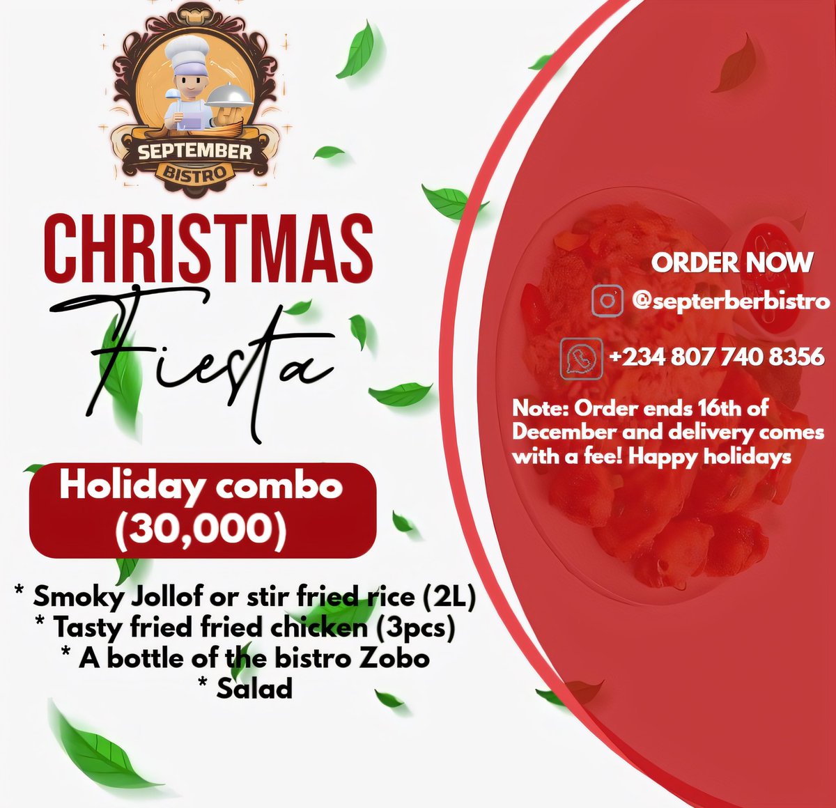 victoryben221's tweet photo. Hi X fam,I bring you jolly good packages for our Christmas fiesta starting on the 5th to 16th of December. Pls if  there is one thing you all can do for me is to patronize🙏🏻 &amp; if this pops on your timeline pls repost. #AbujaTwitterCommunity #Christmas2024 #septemberbistro https://t.co/baOewIYOxd