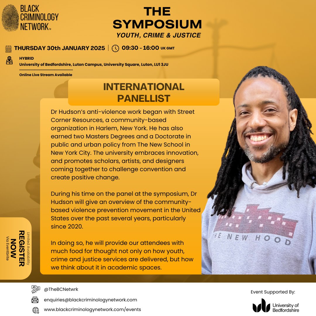🎉INTERNATIONAL PANELLIST🎉

Dr <a href="/talib_hudson/">Dr. Talib Hudson</a> will join our international panel, sharing practical insights into the Youth, Crime &amp; Justice Sector. 

Join us:
09:30-16:00 UK GMT
30th Jan 2025. 
<a href="/uniofbeds/">uniofbeds</a> Luton Campus &amp; Online

Register:
EB20 for 20% OFF 
shorturl.at/LdyJW