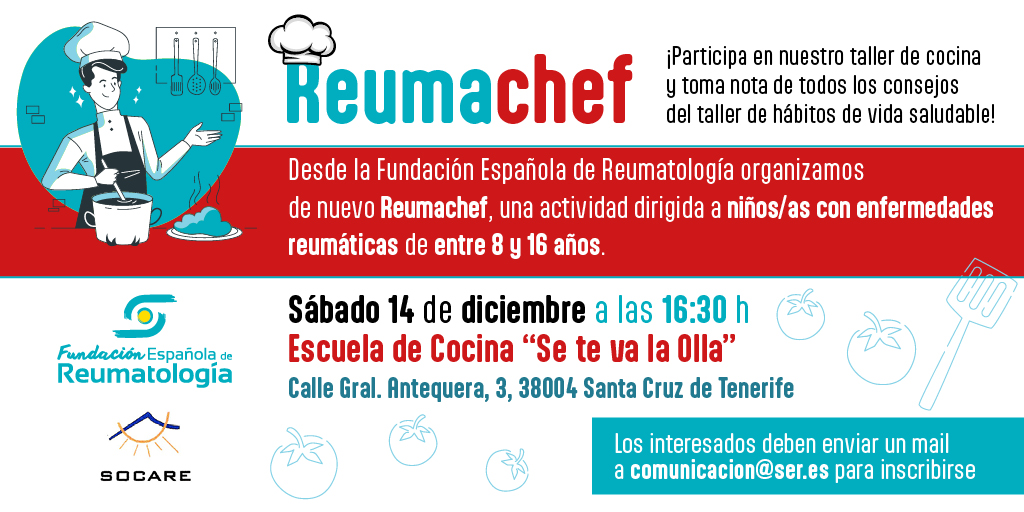 💯 ¡Vuelve #Reumachef el 14 de diciembre en Santa Cruz de Tenerife con la colaboración de la <a href="/socare7/">SOCARE</a>! 

🧑‍🍳👩‍🍳 Un taller de cocina y consejos de hábitos de vida saludable para jóvenes con enfermedades reumáticas de entre 14 y 18 años.

📤 Interesados escribir a comunicacion@ser.es