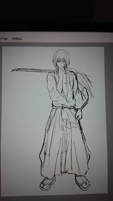 この前の土日ですが、自分の一番好きなキャラの一番好きなシーンのポーズイラストを描いてました 個人的には今まで描いてきた剣心の絵で一番好きなイラストになったと思ってます 完成版はそのうち公開します #イラスト #wip #るろうに剣心