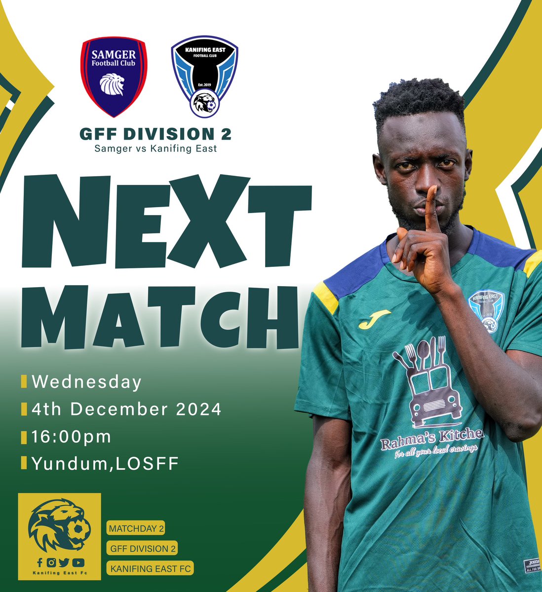 Kanifing East FC will travel away to face Samger FC in their next GFF Division 2 match.

Match Details:
 • Samger FC vs. Kanifing East FC
 • GFF Division 2 (Matchday 2)
 • Wednesday, 4th December 2024
 • Kick-off Time: 16:00
 • Venue: Yundum, LOSFF