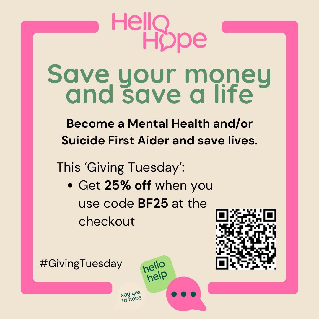 This #GivingTuesday, save some money &amp; give some time to support a young, small but ambitious CIC dedicated to saving lives lost to #suicide.

Book a course with 25% off when you use discount code BF25. 

#mentalhealthfirstaid #suicidefirstaid #mentalhealth #suicideprevention