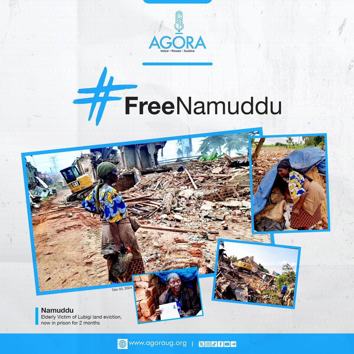 AgoraCFR's tweet photo. 72 year old Namuddu was in June evicted from Lubigi by @nemaug for not following restoration orders. She set up temporary shelters on the land and was arrested in October and taken to court. Her bail application was denied because she no longer had a permanent address after being evicted. She spent two weeks in remand and returned to court on November 18, 2024, only to be remanded again until December 2 for a hearing. But the trial magistrate was absent leaving to instructions adjourn it, so the case was pushed to December 13, 2024.  Her bail plea was postponed to December 2, 2024.

When that day arrived, the assigned magistrate H/W Owomugisha Siena was nowhere to be found, so the matter was adjourned once again to December 13. After some persistence with Chief Magistrate, the case was rescheduled to December 9, 2024. #FreeNamuddu.