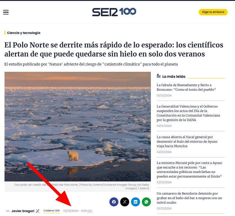Tres de octubre de 2007

<a href="/JavierGregori/">Javier Gregori</a> publica la siguiente noticia en la SER: 

El hielo del Polo Norte podría desaparecer en 2020 si continúa el ritmo actual de deshielo

cadenaser.com/ser/2007/10/03…

Tres de diciembre de 2024

Javier Gregori publica la siguiente noticia