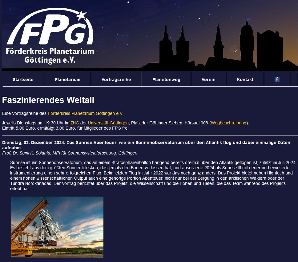 Tonight, #MPSGoettingen Director Sami Solanki reports on <a href="/Sunrise_III/">Sunrise Solar Observatory</a>’s adventurous flight across the Atlantic. At 7.30 PM in <a href="/uniGoettingen/">Uni Göttingen</a>'s ZHG. In German. The talk is part of the series “Faszinierendes Weltall” of the Förderkreis Planetarium Göttingen. planetarium-goettingen.de/vortragsreihe/…
