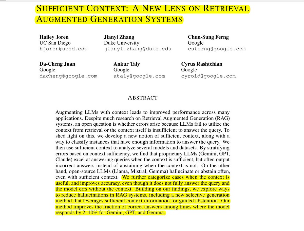 A new way to detect if RAG systems have enough context to answer questions accurately

Teaching AI when to shut up instead of making things up

This paper introduces a framework to analyze why Retrieval Augmented Generation (RAG) systems make errors - whether due to LLMs failing