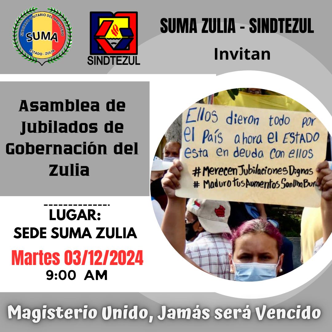 Suma_Zulia's tweet photo. Los esperamos hoy en nuestra Sede.
Magisterio Unido, Jamás será Vencido!!! https://t.co/WD5BeVVFwg
