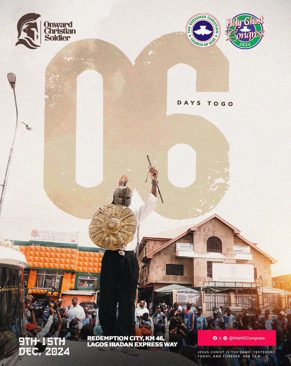 TheHGCongress's tweet photo. 6 days left! This is not just an announcement, this is a call to action! Get ready for the Holy Ghost Experience at the RCCG 2024 Holy Ghost Congress happening from the 9th-15th of December 2024, don’t forget to invite everyone around you!!

#HGC2024
#OnwardChristianSoldier https://t.co/ze38UQcqBX