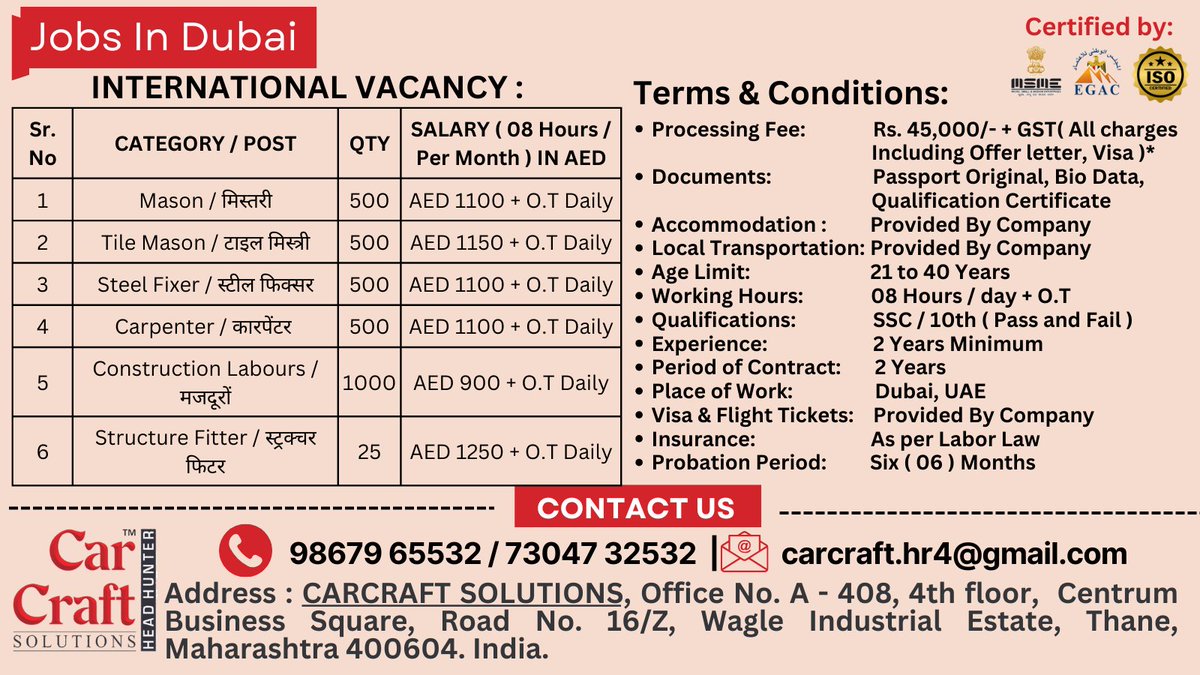 We're Hiring for Blue Collar jobs in Dubai for Construction Company 

For More Details Call / WhatsApp Now: 73047 32532 / 98679 65532 

#BlueCollar #constructionworker #UAE #Dubai #jobsearch #jobseekers #wearehiring #carcraftsolutions #dubaifestivalcity