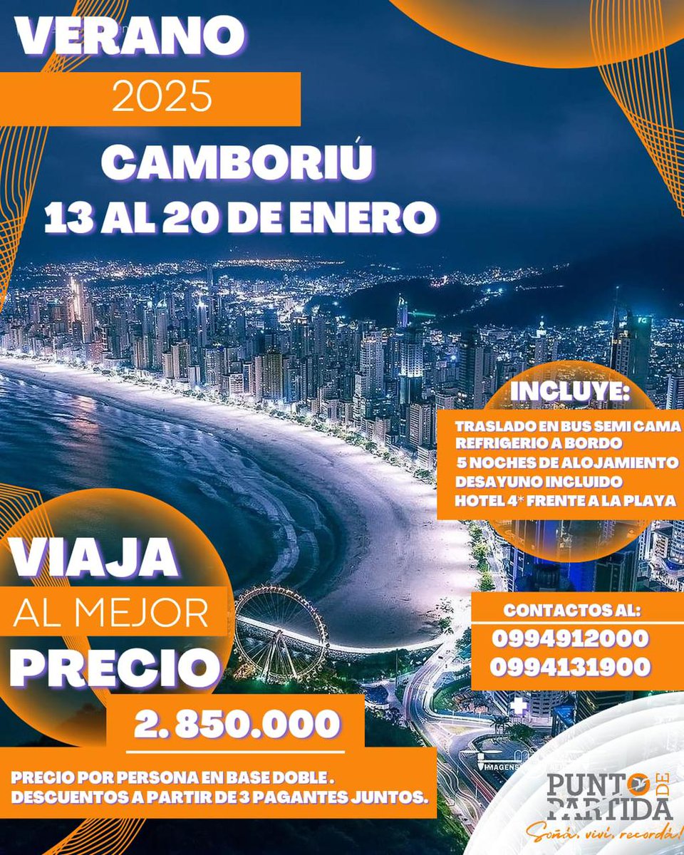 Punto de Partida te lleva a Camboriú para que disfrutes de unas vacaciones INOLVIDABLES!
Pasa y mirá los detalles!
🇵🇾🇧🇷🍹🌴🎉🏖🌞