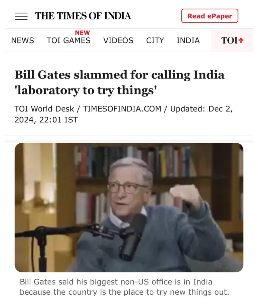 ARREST Bill Gates for Crimes Against Humanity. 

Bill Gates faces criticism after referring to India as a ‘testing ground’ for his ‘Medical Experiments’.