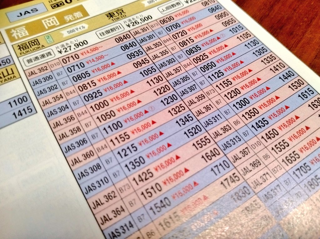 scene_B's tweet photo. JAL&amp;JAS経営統合を迎えた2002年10月の時刻表。

福岡〜羽田線は747、777をメインにDC10が入る大型機のヒットパレード。これでもジャンボが少し減ったかな、、という壮観な時期です。
福岡発大阪関西行き825分の便には輝く「M11」。世界一かっこいい旅客機（当社比）MD-11の間合い便です。 https://t.co/qRkD7pFPKX