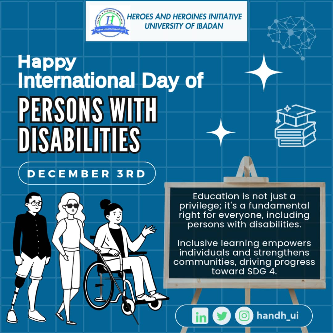 HandH_UI's tweet image. Happy International Day of Persons with Disabilities

Today, on December 3rd, we join the global community in celebrating the International Day of Persons with Disabilities. 

#Happyinternationaldayofpersonswithdisabilities
#SDG4
#Unesco #futureofeducation
#LEAPAfrica #UNICEF