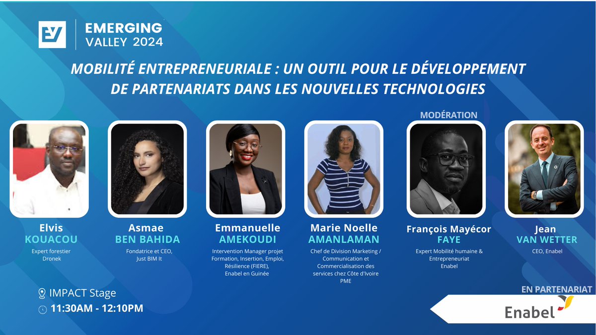 Enabel_Belgium's tweet photo. 💡 "Mobilité entrepreneuriale : un outil pour le développement de partenariats dans les nouvelles technologies". C'est en cours maintenant à @emergingvalley !
Notre table ronde explore comment la mobilité booste l'innovation & les collaborations tech. 🚀 #EV2024 https://t.co/cuxhQ54pZ8