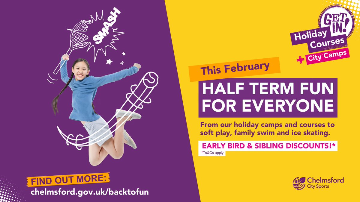 🎉 February half-term is just around the corner !! Keep the kids active with our holiday courses filled with crafts, swimming, ice-skating and more! 🏊
🎨 Book now to save your spot!  
bit.ly/Kids-Holiday-F…
#HalfTermFun #ActiveKids #ChelmsfordEvents