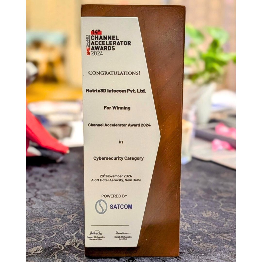 Matrix3D_India's tweet image. We are proud to share a remarkable achievement as we have been honored with an award in Cybersecurity category at the #BiggestChannelShow in India: The 14th &quot;Channel Accelerator Awards 2024&quot;, by SMEChannels. Thank you SMEChannels for this recognition.
#Cybersecurity #Matrix3D