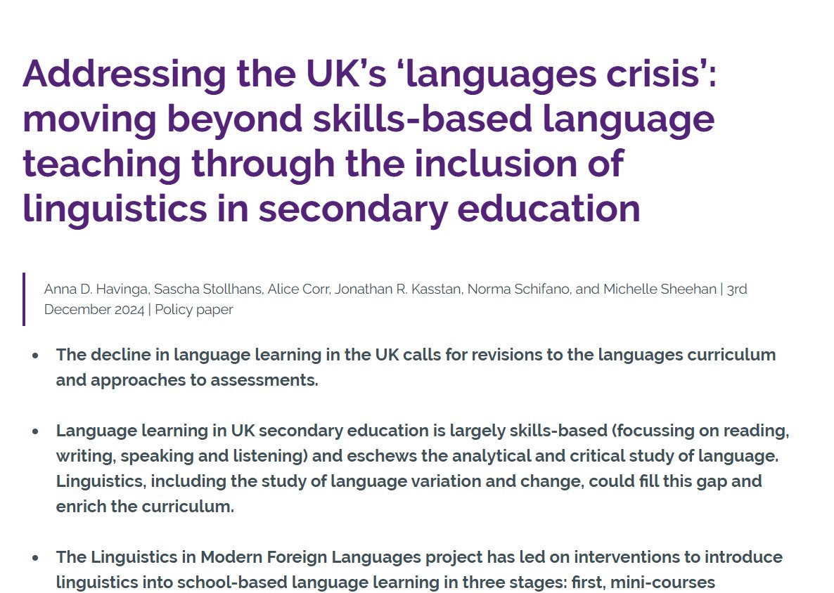 📖 How can linguistics transform the way we teach languages in UK schools? A new paper in our special collection by Anna Havinga et al. explores how linguistics can revitalise the curriculum, boost motivation, &amp; address the UK’s 'languages crisis.' 🧵👇lspjournal.com/post/addressin…