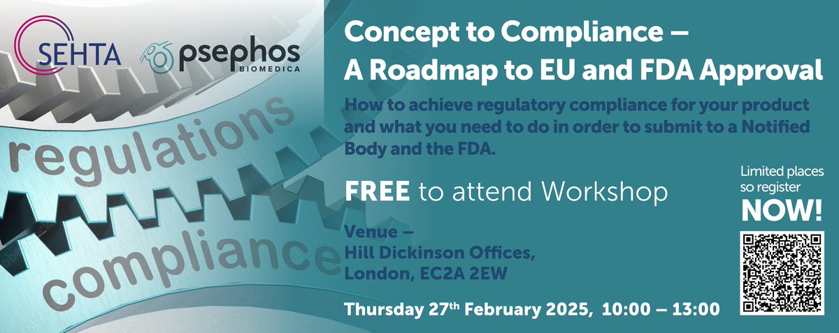 Join us for our next workshop ‘Concept to Compliance – A Roadmap to EU and FDA Approval’ to show you how to achieve regulatory compliance for your medical device. Thurs 27th Feb 2025
10:00-13:00 in London. FREE to attend REGISTER now bit.ly/4flUEJU