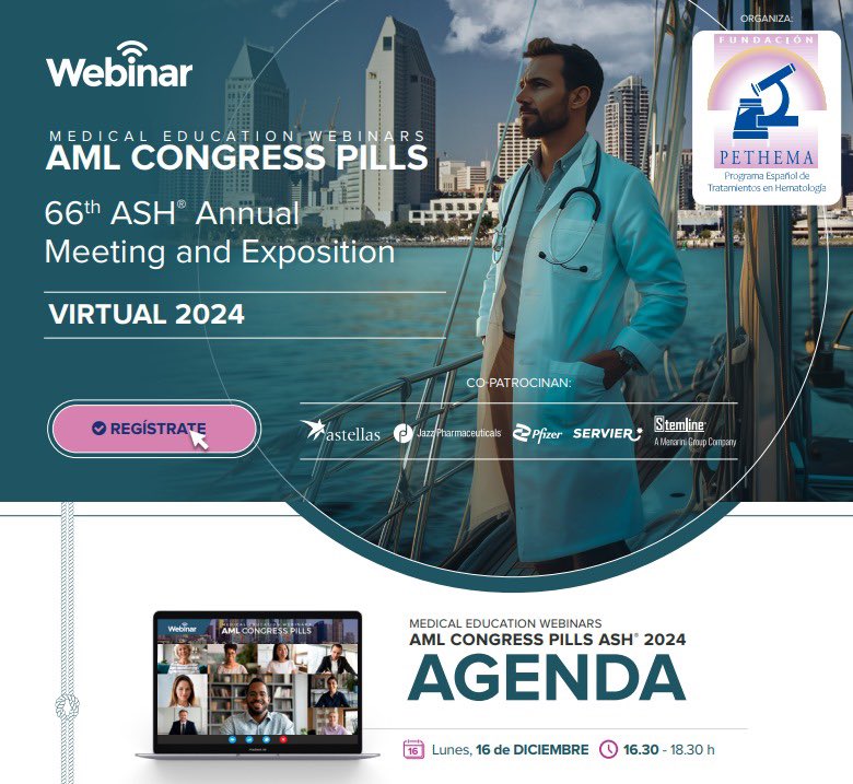 #Savethedate
📅 16 diciembre
⌚️16:30-18:30h
🩺 Webinar Post-ASH 2024 LMA - AML Congress Pills 
Se analizará lo más destacado de ASH 2024 respecto a la genética, terapias dirigidas y no dirigidas, y datos de vida real del tratamiento de la LAM
➡️ Info: fundacionpethema.es/sites/default/…