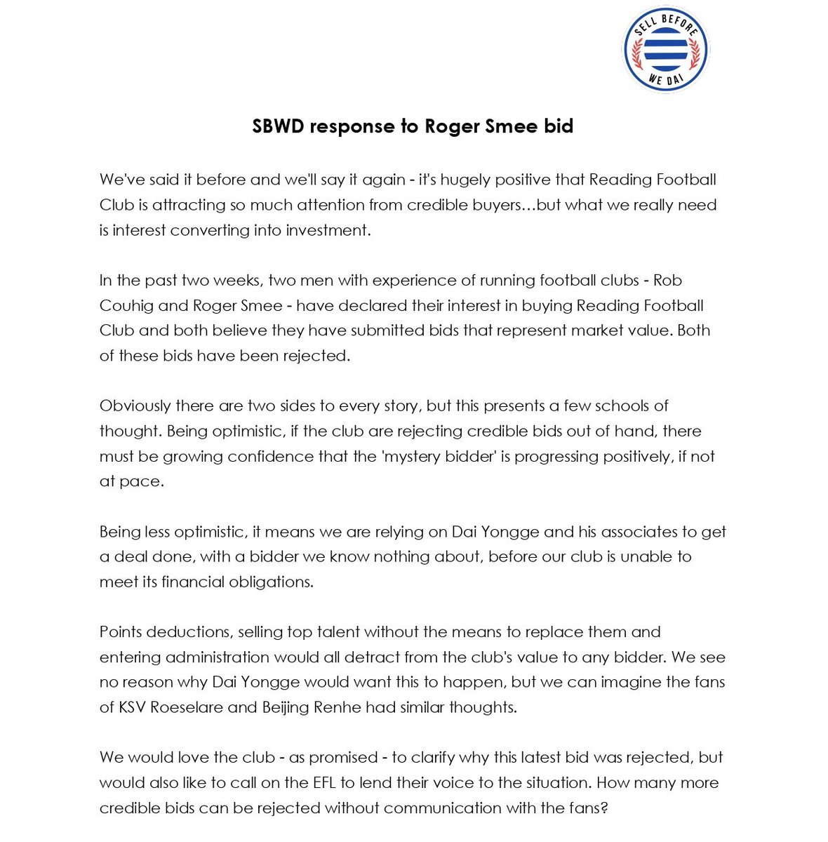 We continue to be in a state of limbo.

#readingfc #SellBeforeWeDai