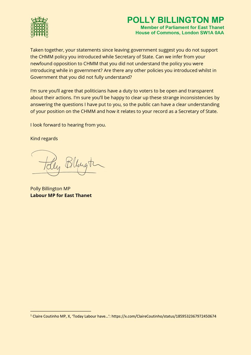 Polly Billington for East Thanet (@pollyblabour) on Twitter photo I have written to <a href="/ClaireCoutinho/">Claire Coutinho</a> to request clarification on some strange inconsistencies between her position on heat pump policy as Secretary of State for Energy Security and Net Zero, and her position shadowing the same role. I have written to <a href="/ClaireCoutinho/">Claire Coutinho</a> to request clarification on some strange inconsistencies between her position on heat pump policy as Secretary of State for Energy Security and Net Zero, and her position shadowing the same role.