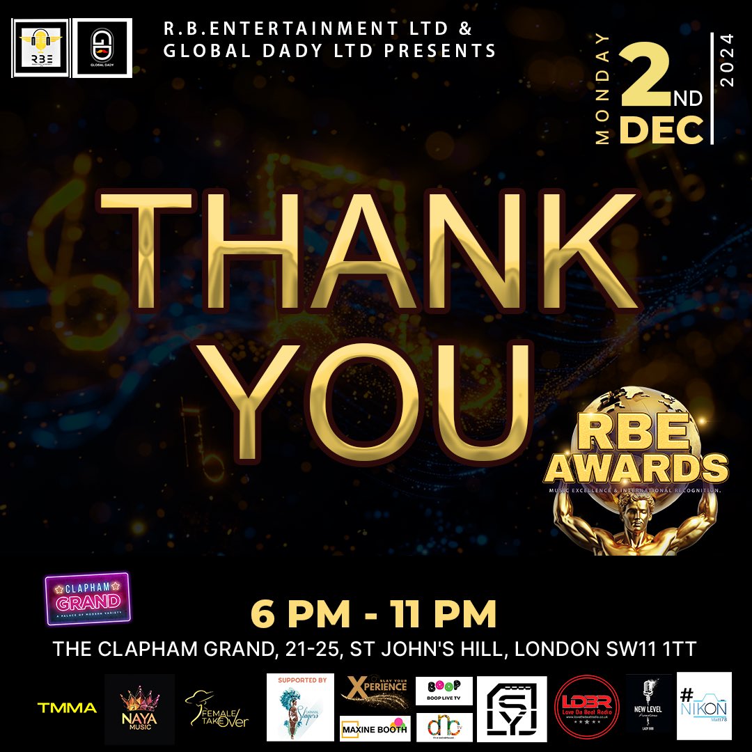 🎉 Thank You for an Unforgettable RBE Awards 2024!

What an incredible night! 🌟 A huge thank you to everyone who joined us at the Clapham Grand, London for the RBE Awards 2024

R.B.Entertainment Ltd &amp; Global Dady Ltd

#RBEAwards2024