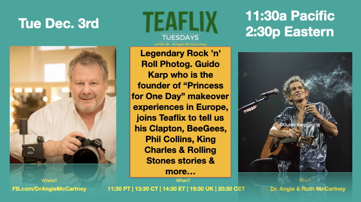 Today 11:30am Los Angeles time (20:30 in Germany): live streaming Teaflix - the interview show with the fabulous Ruth McCartney on fb.com/DrAngieMcCartn…