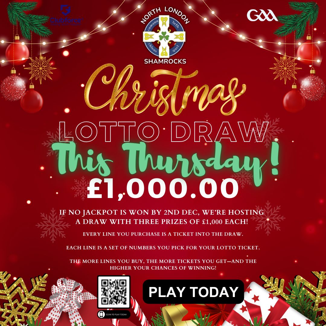 theshamrocks1's tweet image. 🎄🍀 Christmas Lotto Special Draw Announcement! 🎅

🗓️ Join us on Dec 5th, 9 PM at the Chestnut Tree, Palmers Green for a chance to win big! No jackpot winner yet, so we're drawing for 3 prizes of £1,000 each! 🎉

🎟️ Every line bought since Sept 2nd counts as an entry.#LottoDraw