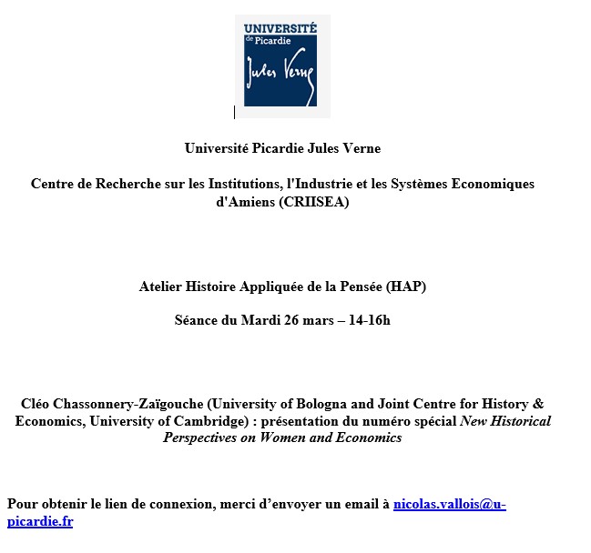 Atelier HAP (@hap_criisea) on Twitter photo Mardi prochain, première séance de l'atelier HAP de l'année! Avec <a href="/CleoCZ/">Cléo Chassonnery-Zaïgouche</a> qui viendra nous parler du numéro spécial New Historical Perspectives on Women and Economics (publié dans History of Political Economy) Mardi prochain, première séance de l'atelier HAP de l'année! Avec <a href="/CleoCZ/">Cléo Chassonnery-Zaïgouche</a> qui viendra nous parler du numéro spécial New Historical Perspectives on Women and Economics (publié dans History of Political Economy)