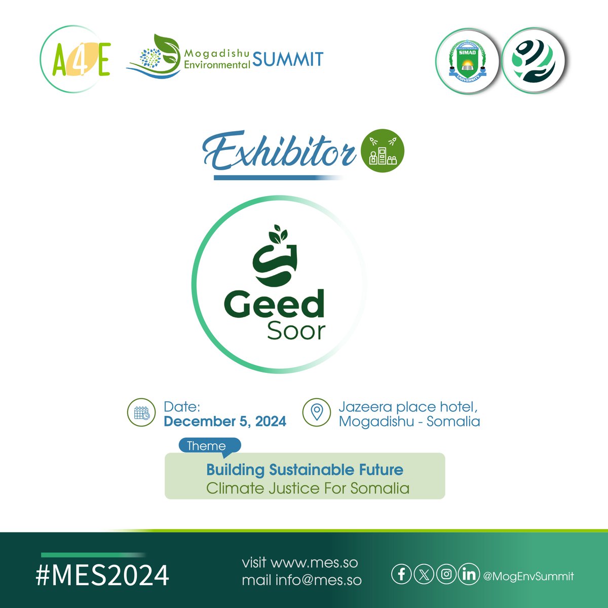 <a href="/GeedSoor/">Geed Soor</a> is joining us as an exhibitor at the <a href="/MogEnvSummit/">Mogadishu Environmental Summit</a> Geed Soor 🪴specializes in providing a wide variety of indoor plants that enhance the ambiance of homes and offices.

#MES2024
#Sustainability
#TogetherForSomalia
#GeedSoor