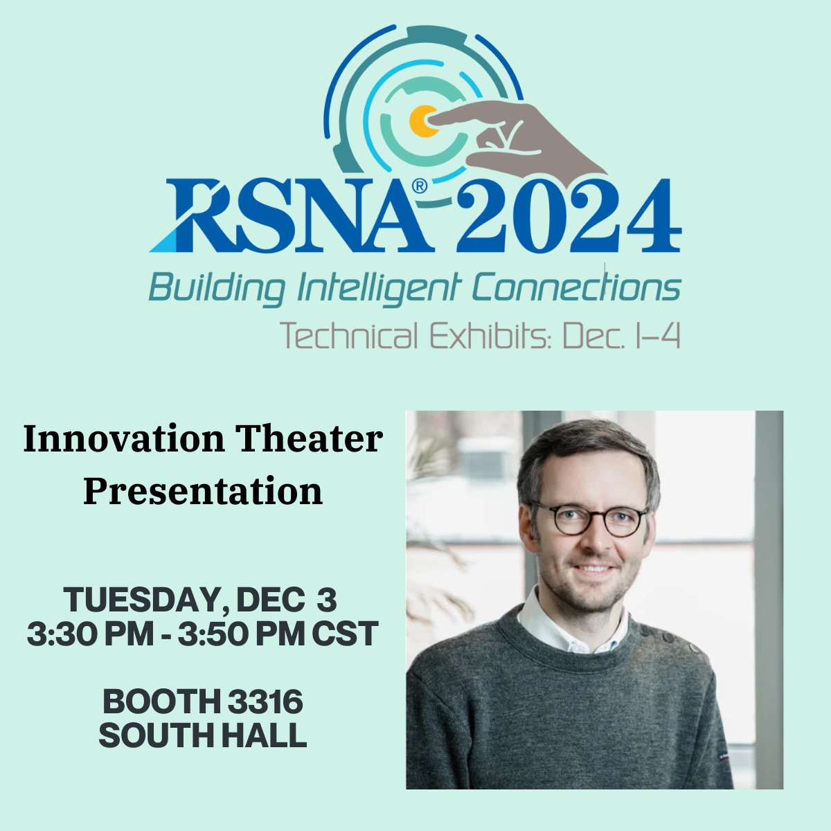 💫 Day 3 at #RSNA24, and we’re thrilled to welcome you to join us today with Solventum Medical! 
From 3:30 to 3:50 PM at Booth 3316, we’ll dive into an exciting presentation by Wieland Sommer on “Leveraging AI Technology: A New Era of Radiology Reporting.”

Don't miss it!