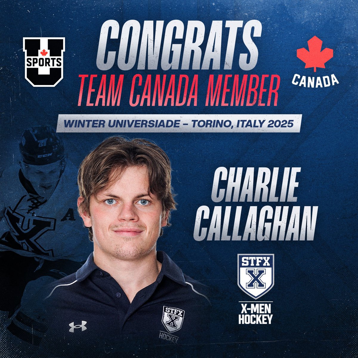 Congratulations to X-Men Hockey defenseman Charlie Callaghan on being named to the Team Canada roster for the upcoming FISU Winter World University Games taking place in Italy, January 2025! #goxgo

Full release: goxgo.ca/sports/mice/20…