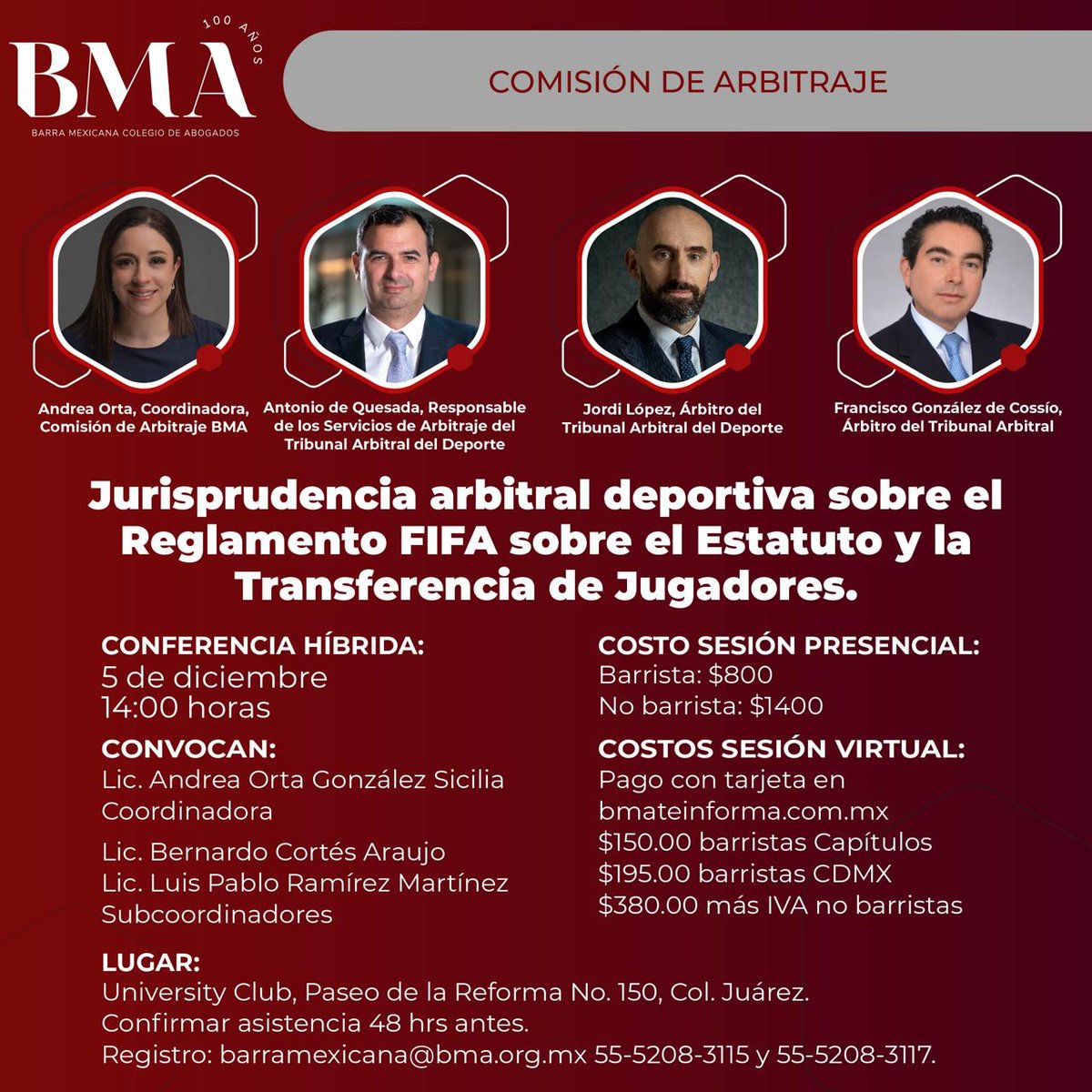 ⚽📜 Conferencia Híbrida: "Jurisprudencia arbitral deportiva sobre el Reglamento FIFA sobre el Estatuto y la Transferencia de Jugadores" ⚖️✨

📅 Fecha: 5 de diciembre de 2024
⏰ Hora: 14:00 hrs
📍 Lugar: University Club, Paseo de la Reforma No. 150, Col. Juárez, CDMX
🌐