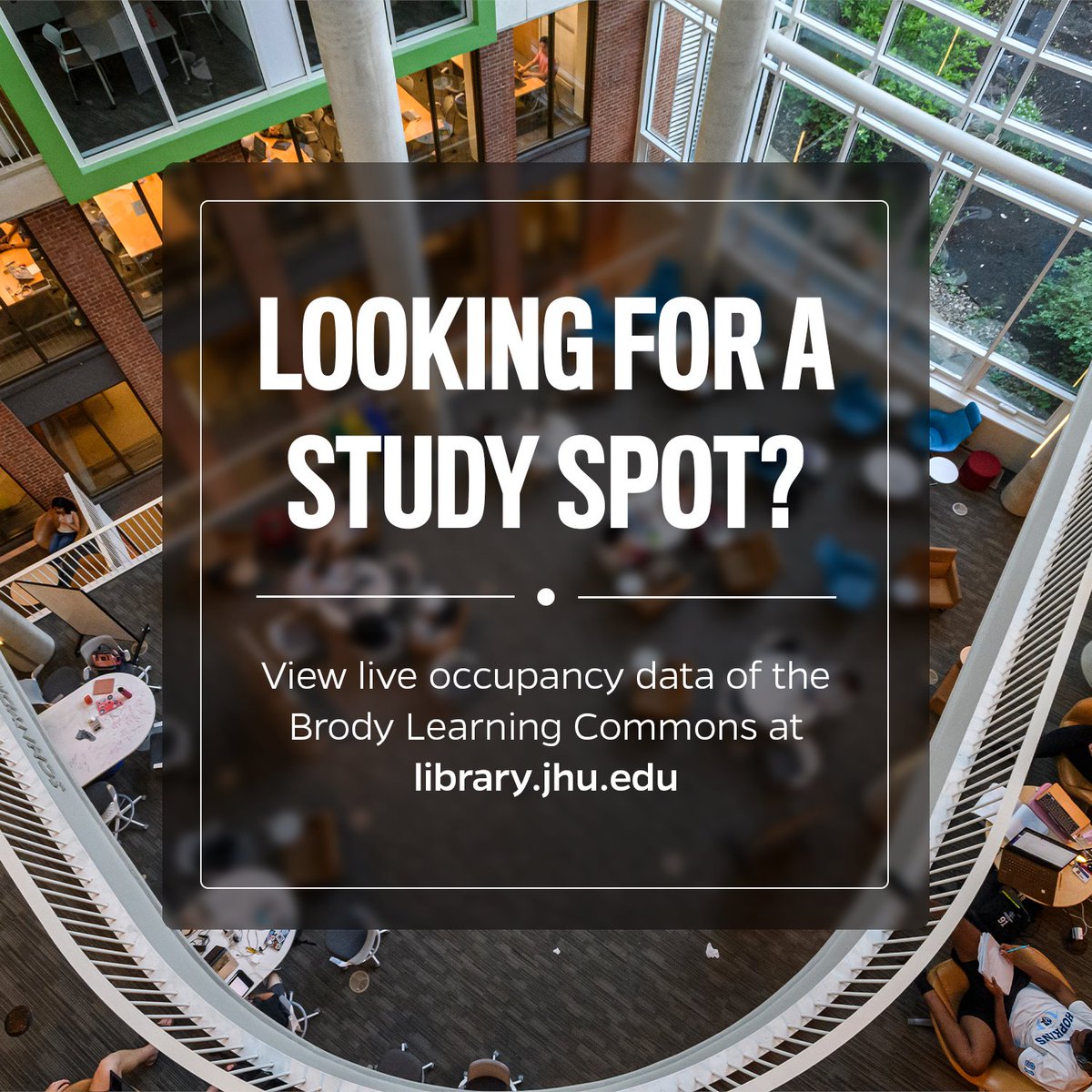 Attention Blue Jays! Looking for a study spot during exams, but not sure there's enough room available?

Get real time occupancy data of the Brody Learning Commons and MSE Library Annex at library.jhu.edu!