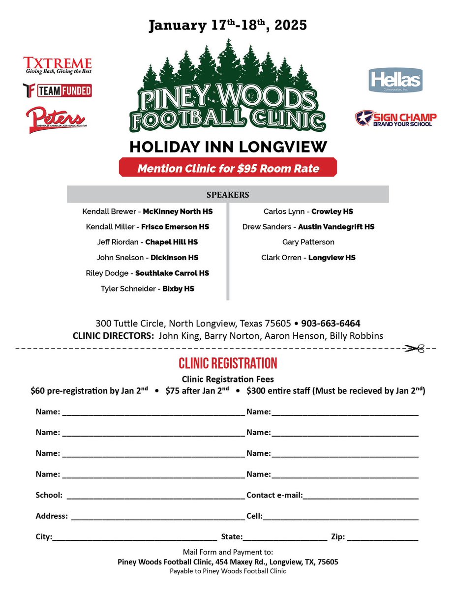 Register before Jan 2 for a discount and mention <a href="/ClinicPiney/">Piney Woods Football Clinic</a> for a room discount until hotel is full. <a href="/coachjohnking/">LOBO UP</a> <a href="/BSN4211/">Barry Norton</a> <a href="/billy_robbins53/">South Plains Football Clinic</a> <a href="/AaronHenson73/">Aaron Henson</a> <a href="/Team_Funded/">TeamFunded</a> <a href="/TheSignChamp/">Sign Champ</a> <a href="/HellasDFW/">Hellas Construction</a> <a href="/GameOne_USA/">Game One</a> <a href="/PetersChevrolet/">Peters Chevrolet</a>