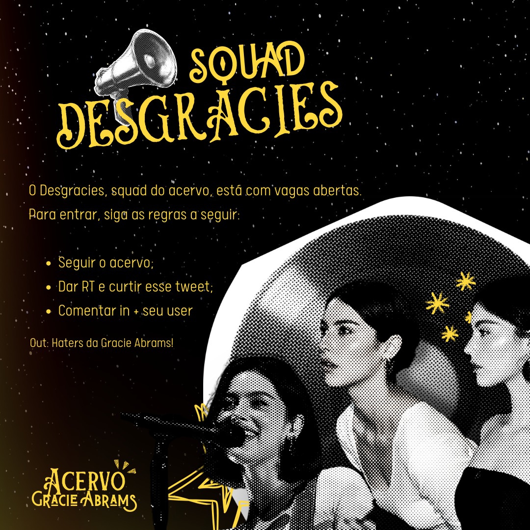 gracieacervo's tweet photo. Todo mundo fala "desgracies", mas pra ser um desgracie oficial só entrando no nosso squad!

Estamos abrindo novas vagas para fofocarmos juntos. Quer entrar? É só:

- Seguir o acervo
- Dar like e RT neste tweet
- Comentar "in" + seu user

Com carinho,
Acervo Gracie Abrams 💛 https://t.co/o3IauLCFWQ