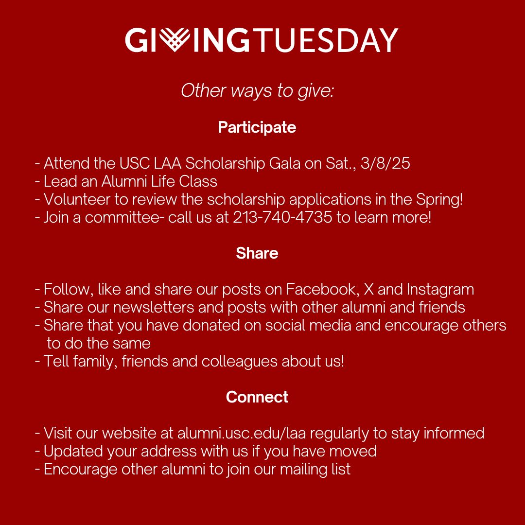 Today is #GivingTuesday! Your contribution supports much more than scholarships! 
~Over 50 years, USC LAA, continues to provide scholarship assistance and professional development to USC students. Swipe to learn others ways to give! ➡️ 
Donate today via buff.ly/417LxrZ