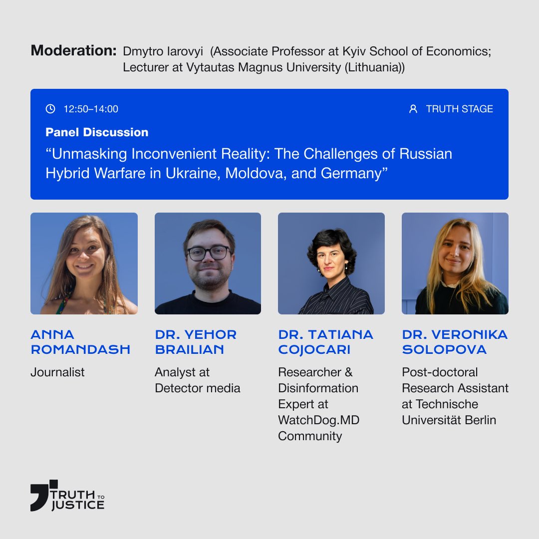 Panel: "Unmasking Inconvenient Reality"  Experts @aromandash, Dr. <a href="/YehorBrailian/">Yehor Brailian</a>, Dr. <a href="/Tatiana_CJ/">Tatiana Cojocari</a>, and Dr. Veronika Solopova discuss the challenges of Russian hybrid warfare in Ukraine, Moldova, and Germany. Moderated by Dr. Dmytro Iarovyi.