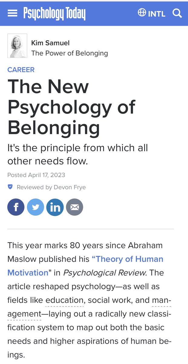 “Belonging isn’t just a connection to other people…the experience of belonging is about connectedness through community, as well as rootedness in a place, a feeling of ownership in shared outcomes, and a sense of mission with others.” 
psychologytoday.com/intl/blog/the-…