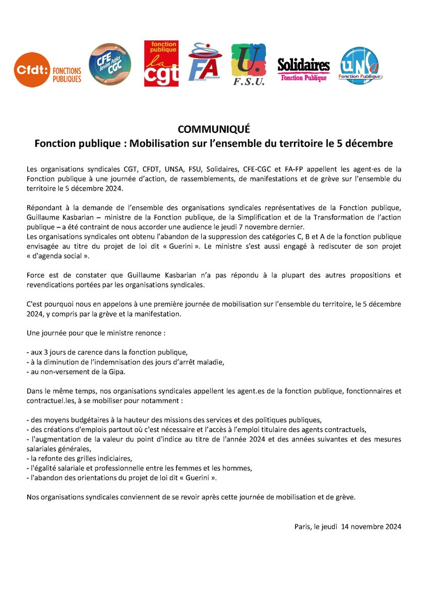 Fonction publique : mobilisation sur l’ensemble du territoire le 5 décembre ✊

Une journée pour que le ministre renonce :
- aux 3 jours de carence dans la FP
- à la diminution de l’indemnisation des jours d’arrêt maladie
- au non-versement de la Gipa

Communiqué intersyndical ⤵️