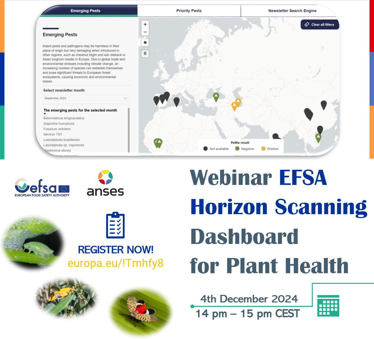 #tomorrow ⌛️ 4/12/24 at 2 PM CEST we will drive u for 1 h through
#horizonscanning project for #PlantPests
particularly on features of the new version of our interactive  #dashboard

Registration link: europa.eu/!Tmhfy8

#dontmissit
#dataviz
#planthealth
#emergingthreats