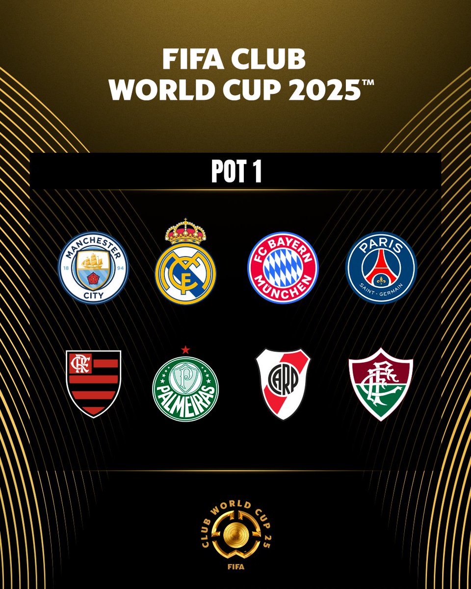 FIFACF's tweet photo. Pot 1: #FIFACWC draw! 🗳️

@ManCity. 🏴󠁧󠁢󠁥󠁮󠁧󠁿
@RealMadrid. 🇪🇸
@FCBayern. 🇩🇪
@PSG_inside. 🇫🇷
@Flamengo. 🇧🇷
@Palmeiras. 🇧🇷
@RiverPlate. 🇦🇷
@FluminenseFC. 🇧🇷 https://t.co/2jh3q7usI4