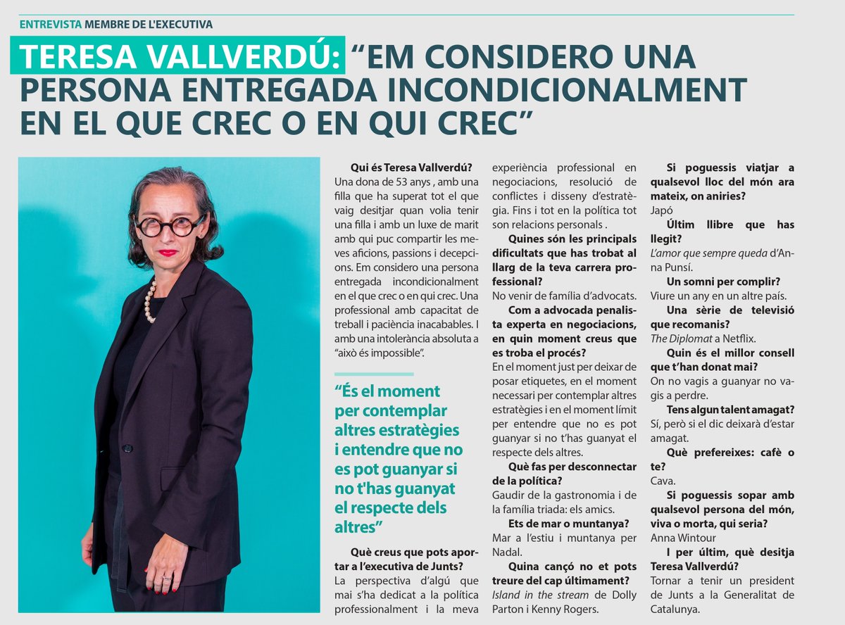 #MÉSJUNTS | Coneix <a href="/TeresaVallverd1/">Teresa Vallverdu</a>, vocal de l'Executiva de Junts - Polítiques de seguretat i civisme. 

🗣  "És el moment, en el procés, per contemplar altres estratègies i entendre que no es pot guanyar si no t'has guanyat el respecte dels altres". 

Què creus que pots aportar
