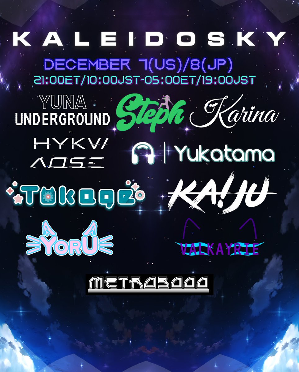 New and veteran artists join Kaleidosky this week, with a special performance by <a href="/KarinaMaenashi/">前無かりな（karina）</a> and resident artist <a href="/SoftlySteph/">SoftlySteph</a>!

Featuring <a href="/yuna_ug/">由奈_underground</a> <a href="/hykw_aose/">早川あおせ</a> <a href="/vrctokage/">とかげ／Tokage</a> <a href="/yukatamax/">ゆかたま</a> <a href="/RazrSkarr/">Razr (KA!JU)</a> <a href="/yoru019/">よる_yoru</a> <a href="/ValkayrianInds/">Valkayrie</a> &amp; 3thou

Join the VRC Group: vrc.group/BEAT.5507