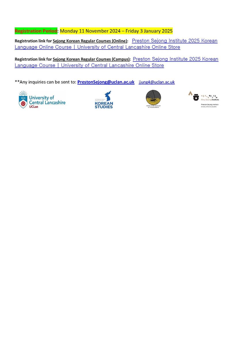 ISAPUclan's tweet photo. Preston Sejong Language Courses are open for registration!

*REGISTRATION DEADLINE HAS BEEN EXTENDED TO 9 JANUARY 2025*

Enquiries: prestonsejong@uclan.ac.uk https://t.co/fJXaQUHeJg