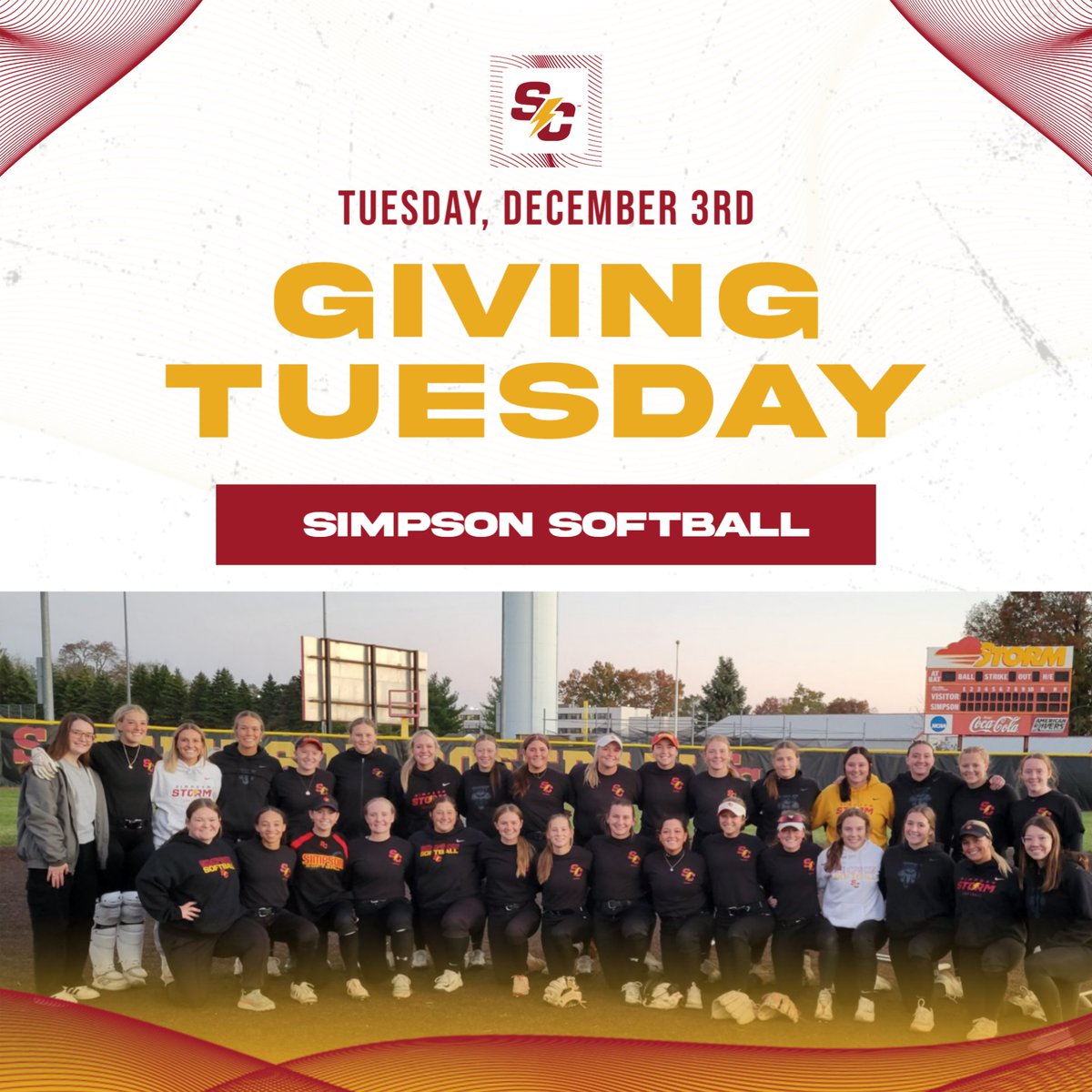 Giving Tuesday is here! Clink the link down below to support your Simpson Storm Softball Team! #RollStorm #G2G

simpsonathletics.com/information/sa…