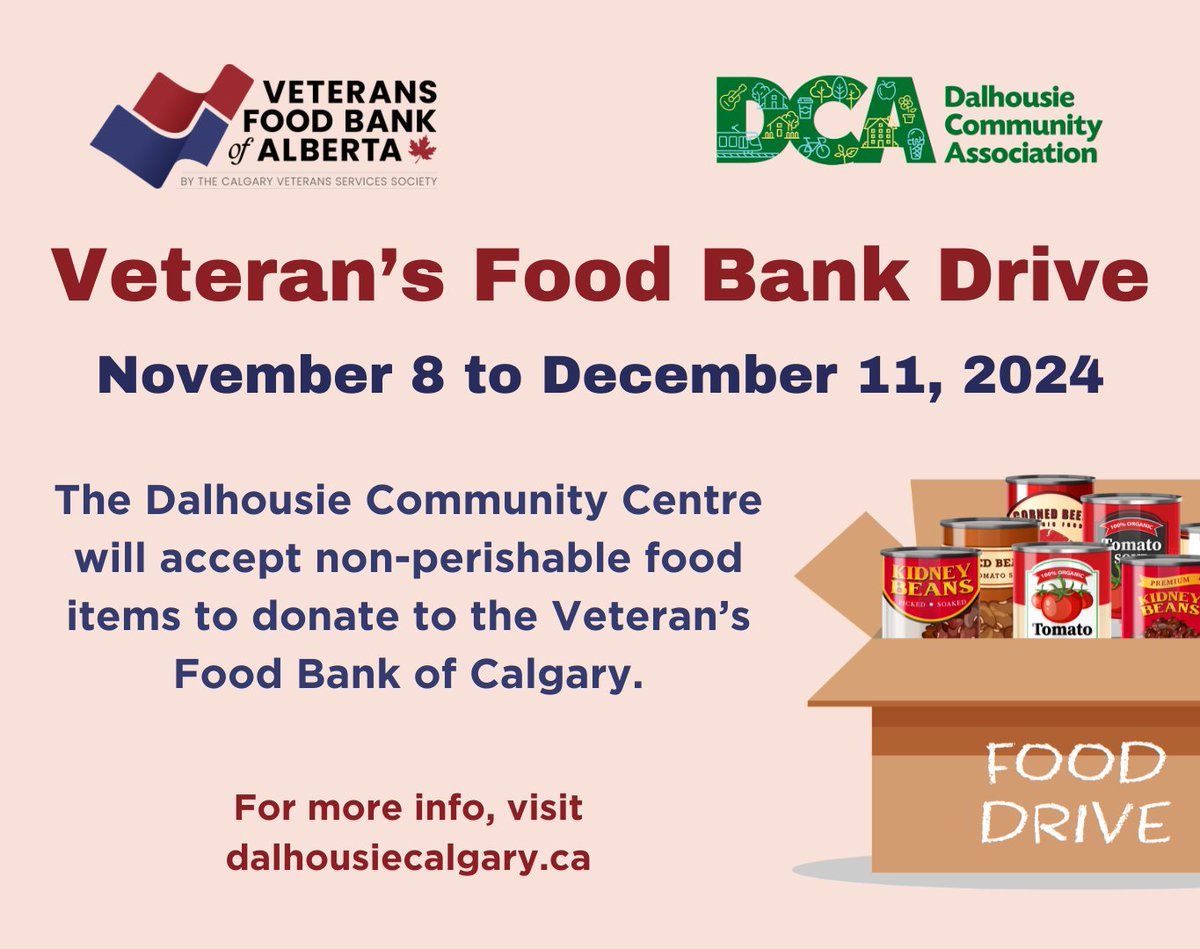 The Annual Inn From the Cold Toy and Gift Drive wraps up today so get your unwrapped Toys and Gift Cards to the DCA. 
The Veterans Food Drive goes till Dec 8 and we welcome many types of non-perishable food items. 

More details are here - dalhousiecalgary.ca/community/food…