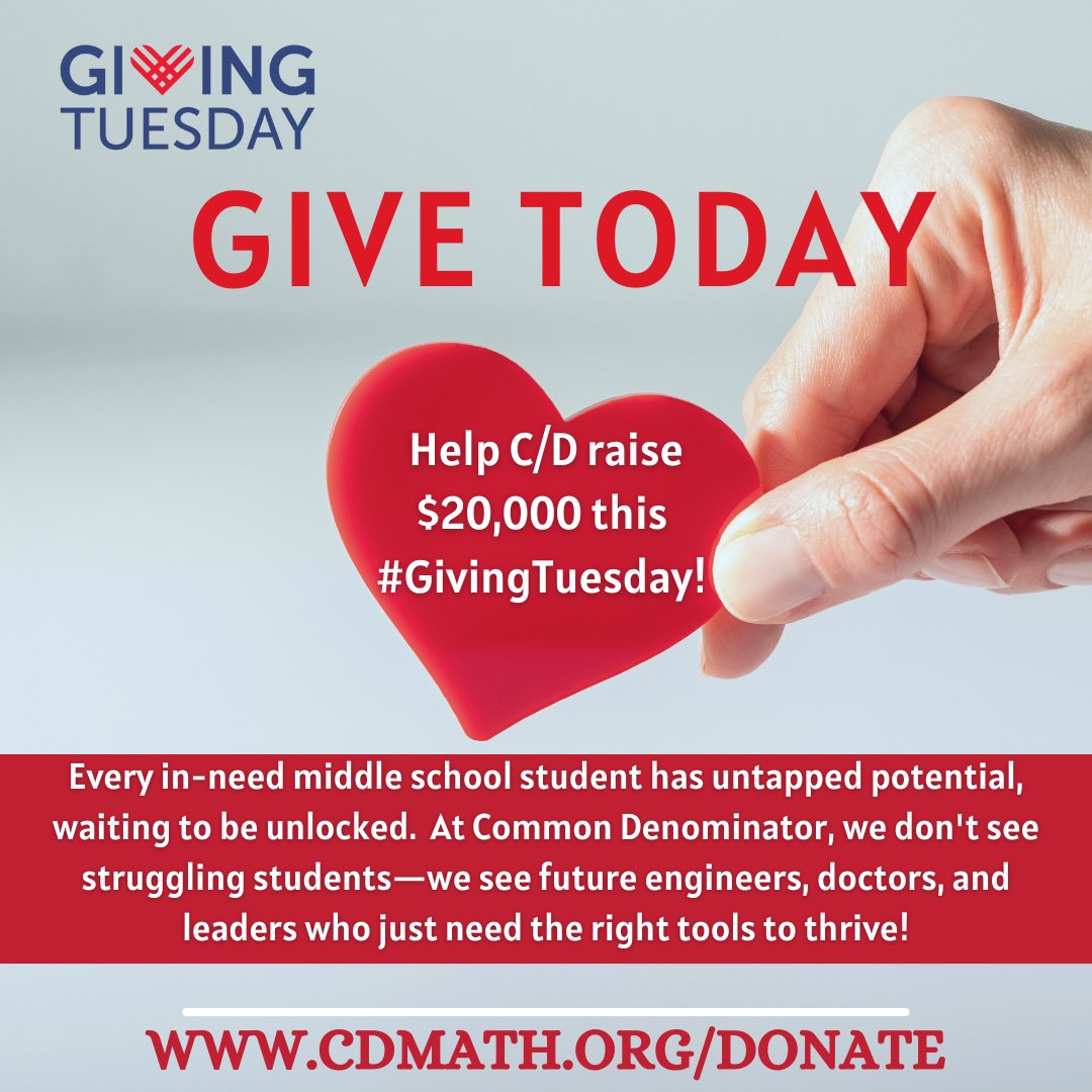 cdmathorg's tweet image. This #GivingTuesday, let’s make a difference together! 🌟 Every donation supports free, life-changing math tutoring for students. Help us build confidence, opportunities, and brighter futures! 

👉 Donate now: cdmath.org/Donate
#GivingTuesday #MathForAll #SupportEducation